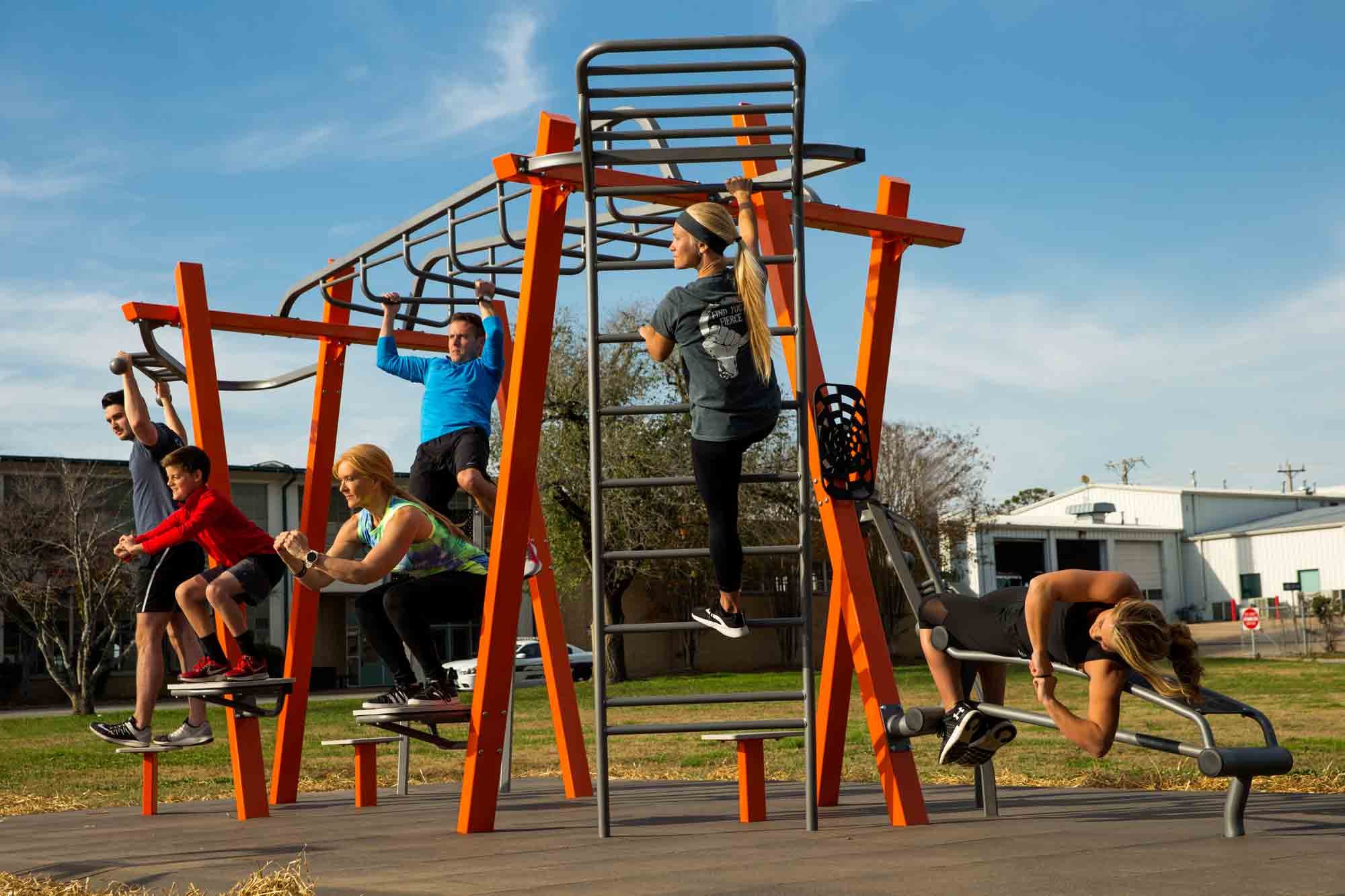 adults using compact fitness equipment